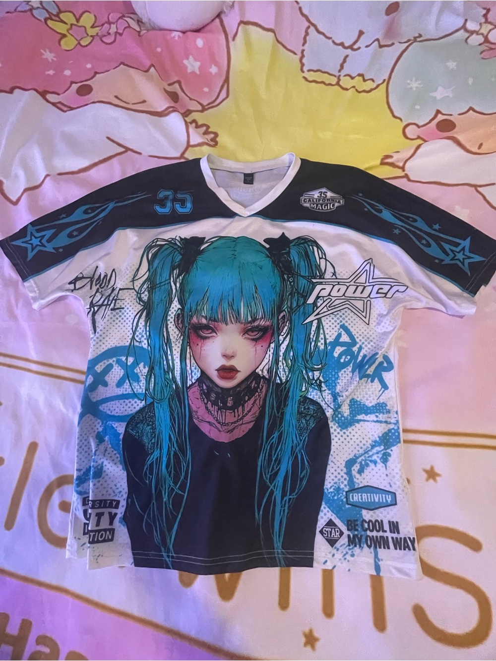 ROMWE Black and Teal Anime Girl Graphic Short Sleeve Tee